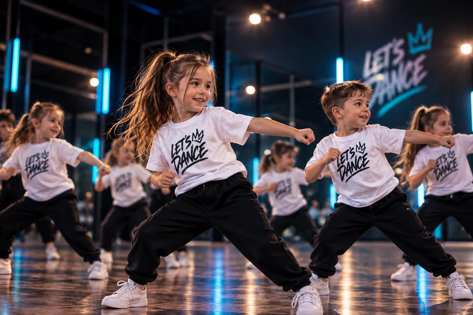 Niños de Let's Dance bailando en clase con camisetas de la academia